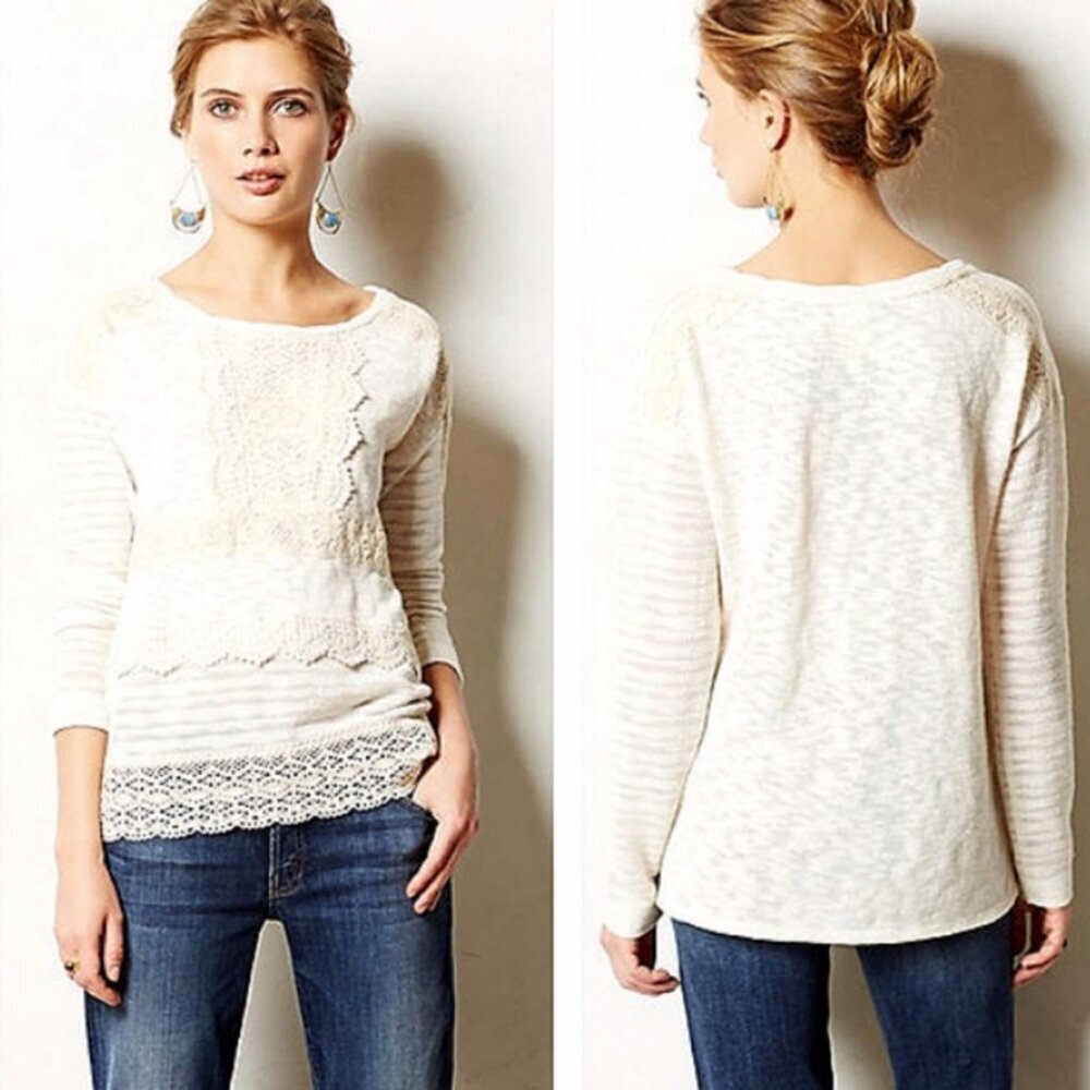 Anthropologie One September SZL Cream Sweater Crochet Lace Boho Cottage Comfy